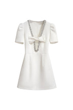 Flowering Girl Women V-Neck Diamond Chain Bow Mini Dress In Ivory