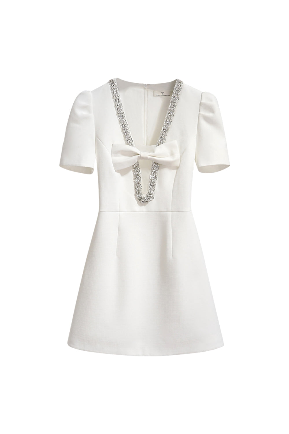 Flowering Girl Women V-Neck Diamond Chain Bow Mini Dress In Ivory