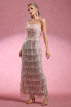 Opala Sleeveless Flowers Diamond Tassels Maxi Dress
