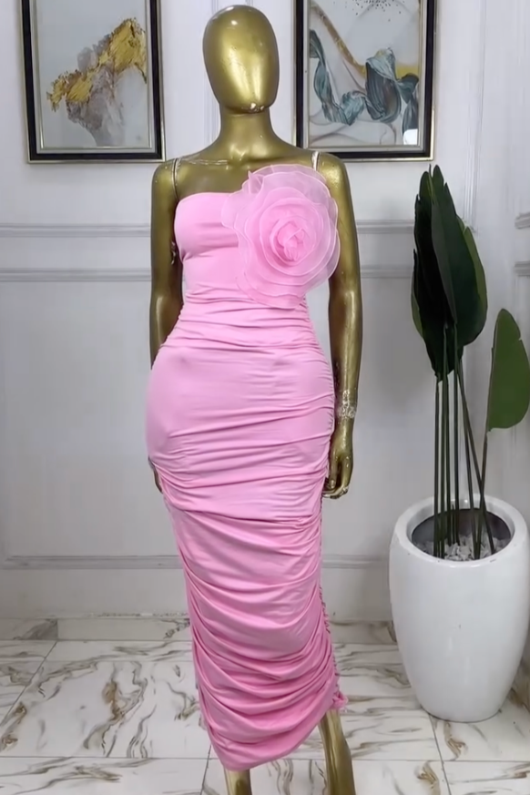 Flowering Girl Women IDRA STRAPLESS FLOWER RUCHED MAXI DRESS IN PINK