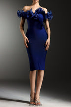 alisa Off-Shoulder Flounce Bandage Blue Midi Dress