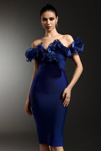 alisa Off-Shoulder Flounce Bandage Blue Midi Dress