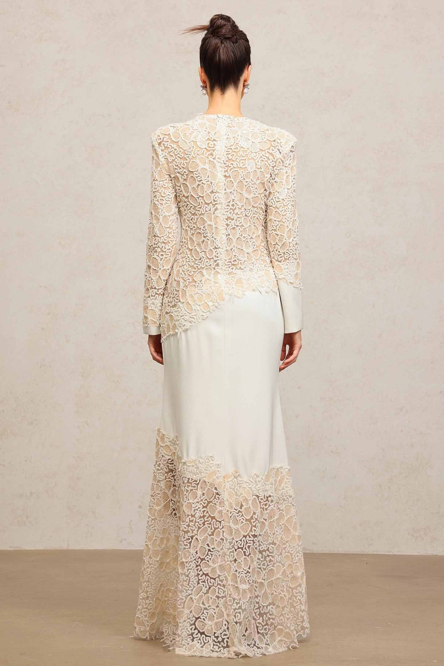 jacqueline Beige lace Embroidered long sleeve Maxi Dress