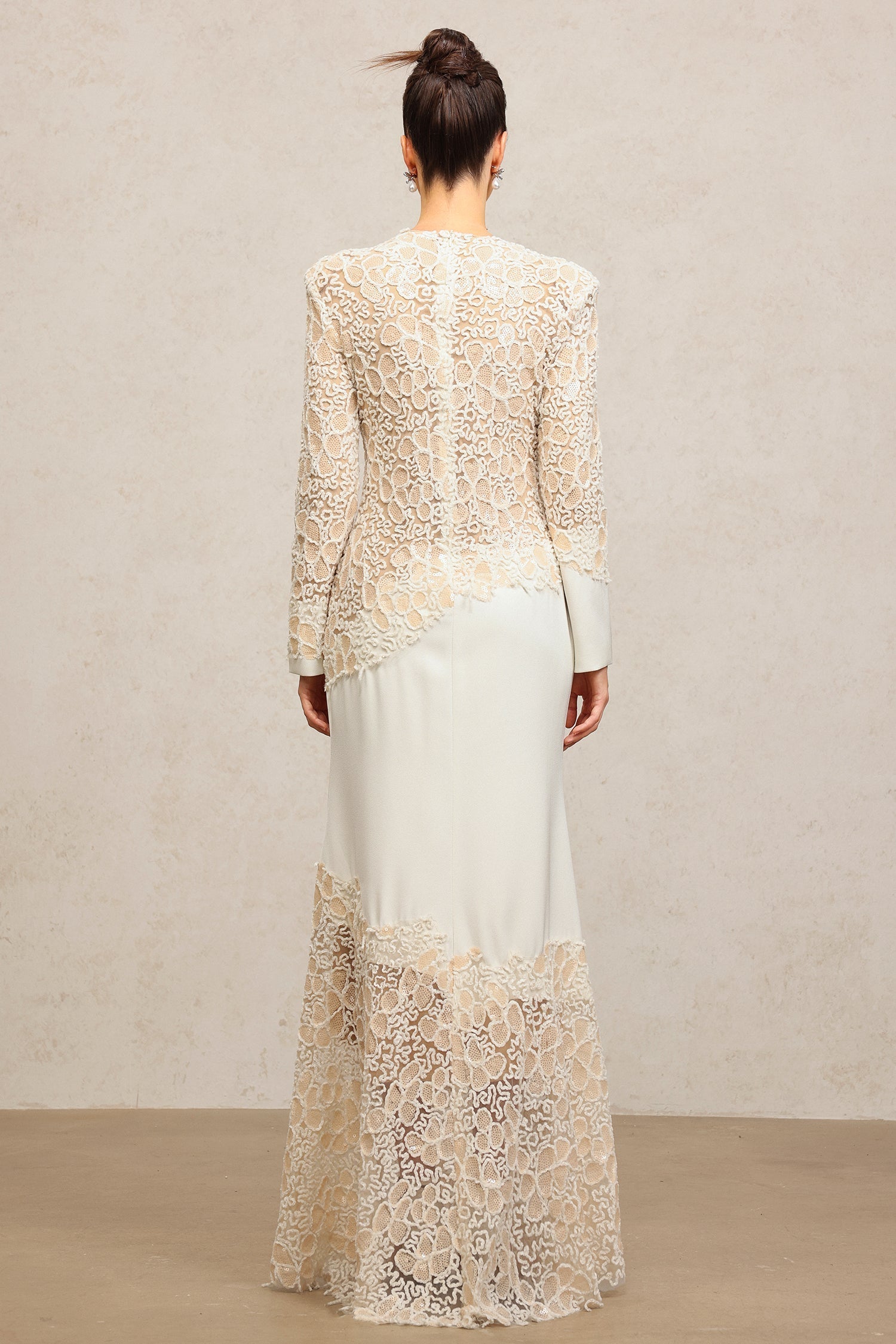 jacqueline Beige lace Embroidered long sleeve Maxi Dress