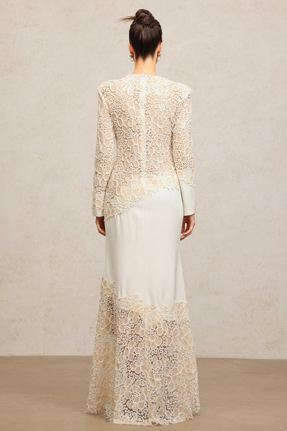 jacqueline Beige lace Embroidered long sleeve Maxi Dress