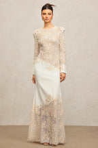 jacqueline Beige lace Embroidered long sleeve Maxi Dress