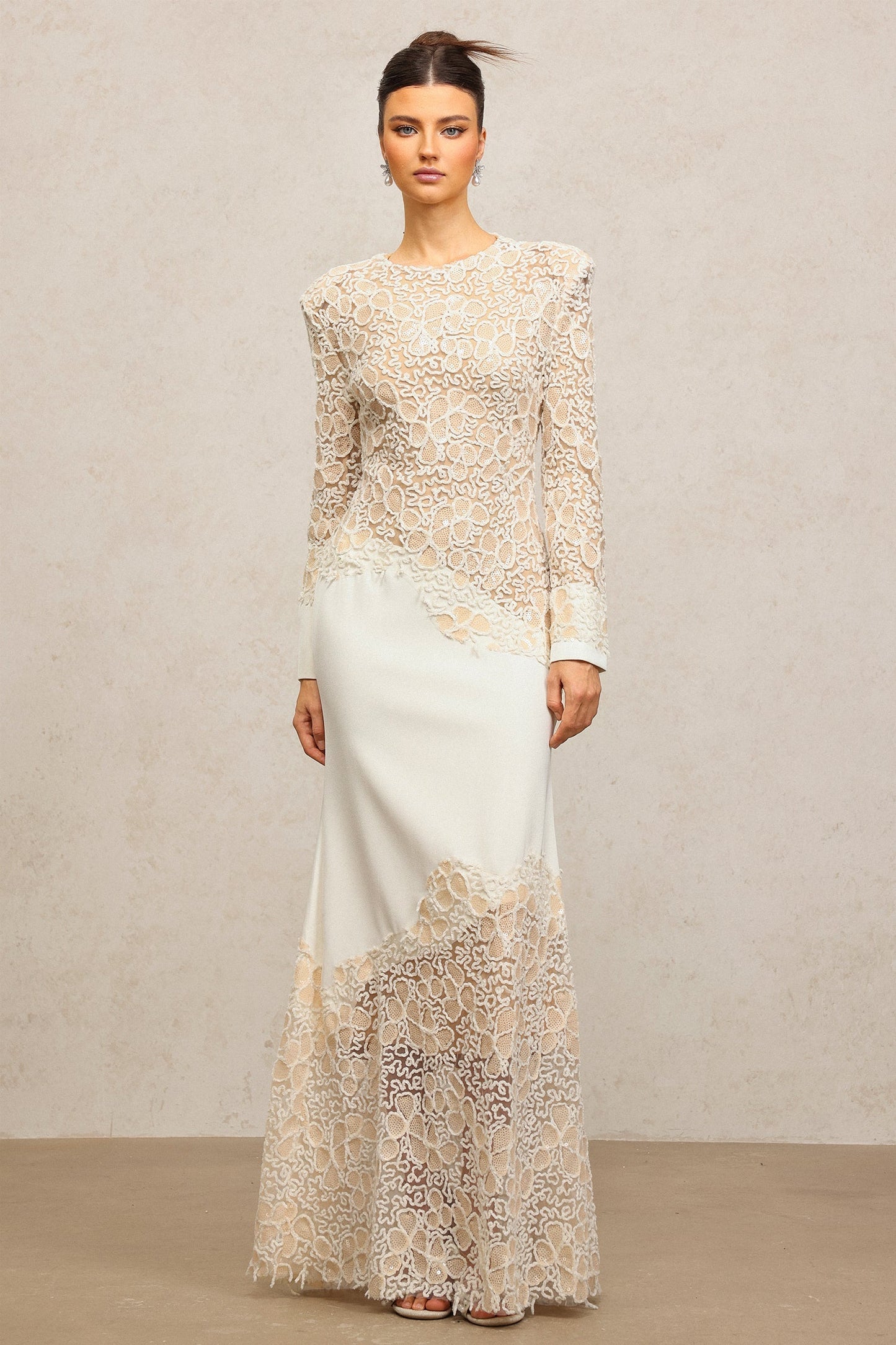 jacqueline Beige lace Embroidered long sleeve Maxi Dress