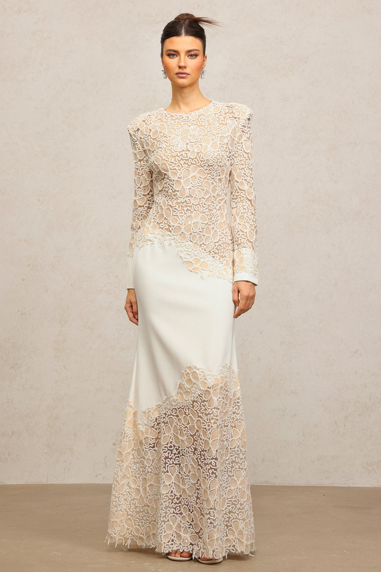 jacqueline Beige lace Embroidered long sleeve Maxi Dress