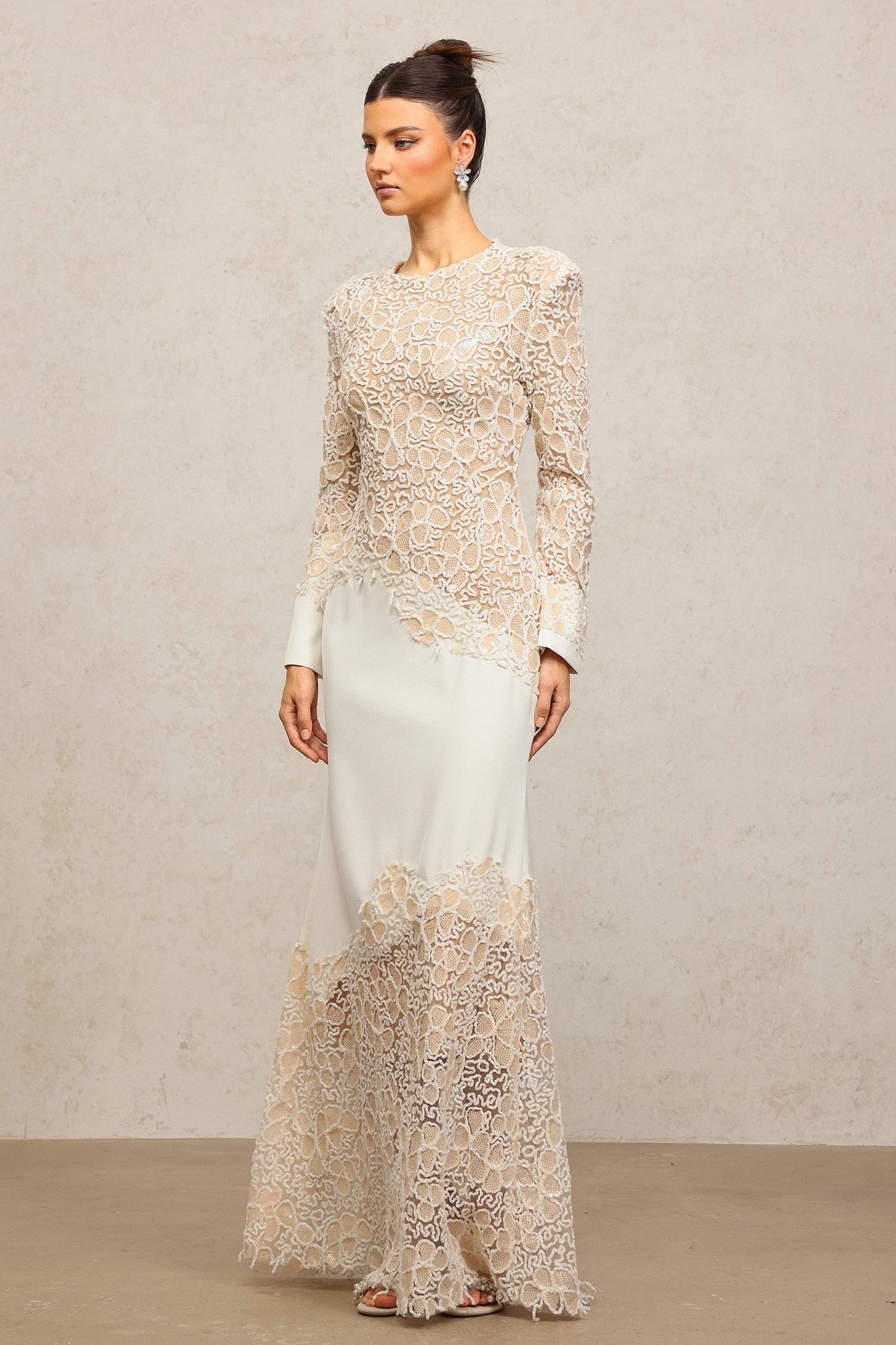 jacqueline Beige lace Embroidered long sleeve Maxi Dress