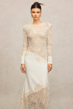 jacqueline Beige lace Embroidered long sleeve Maxi Dress
