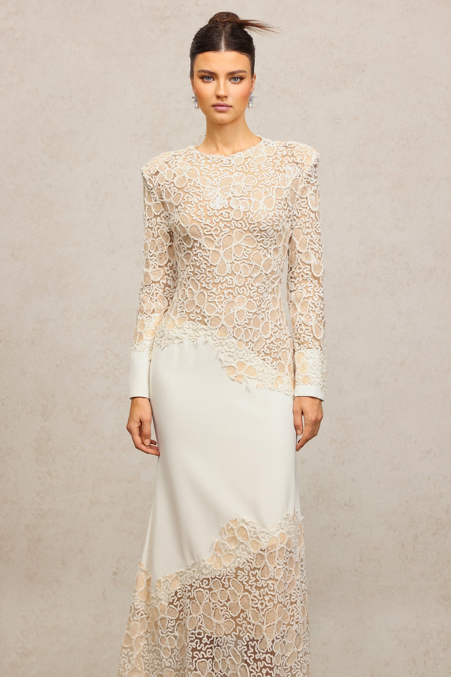 jacqueline Beige lace Embroidered long sleeve Maxi Dress