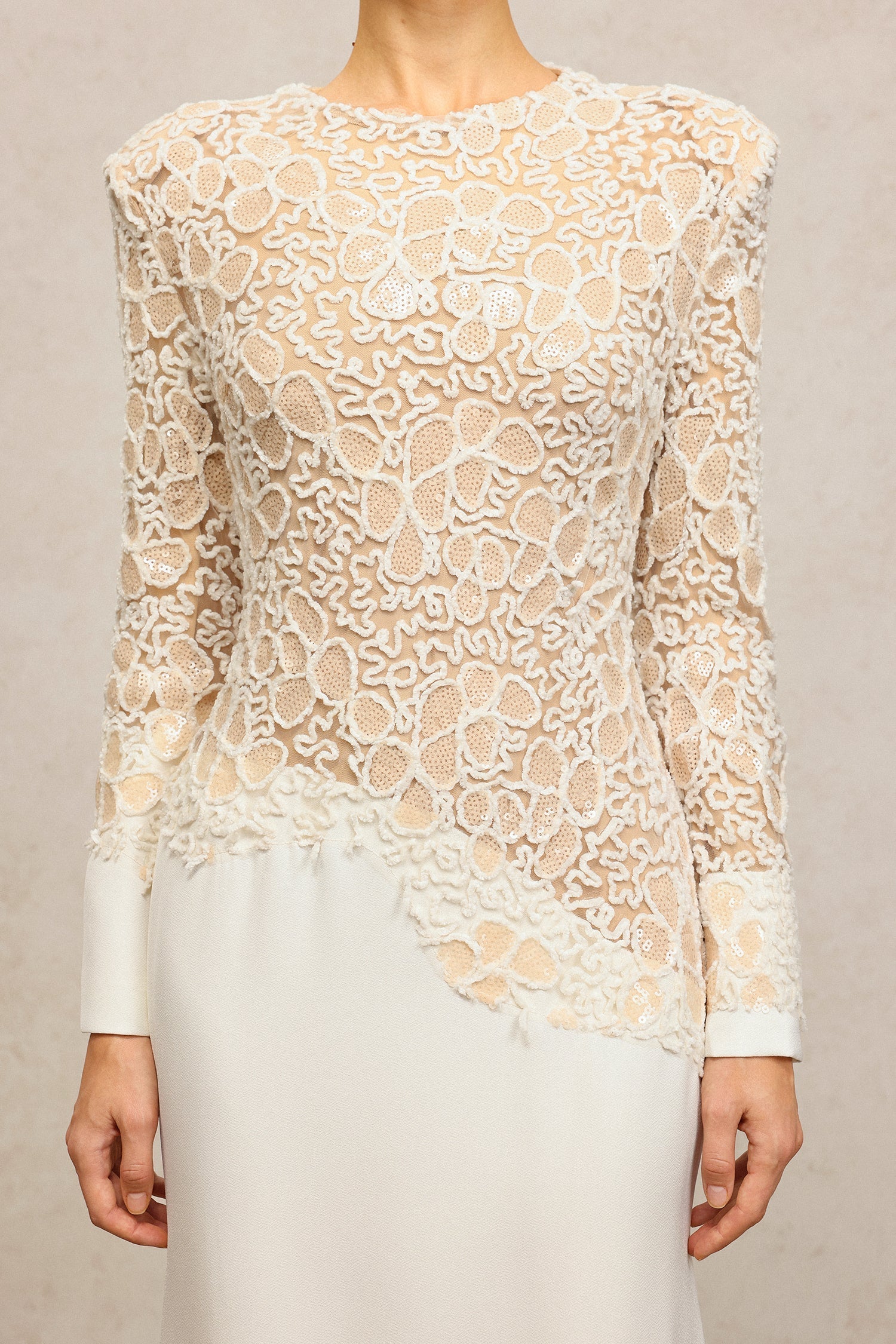 jacqueline Beige lace Embroidered long sleeve Maxi Dress