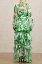 Jolie Round Neck Long Sleeves Floral Printed Folds Green Maxi Dress