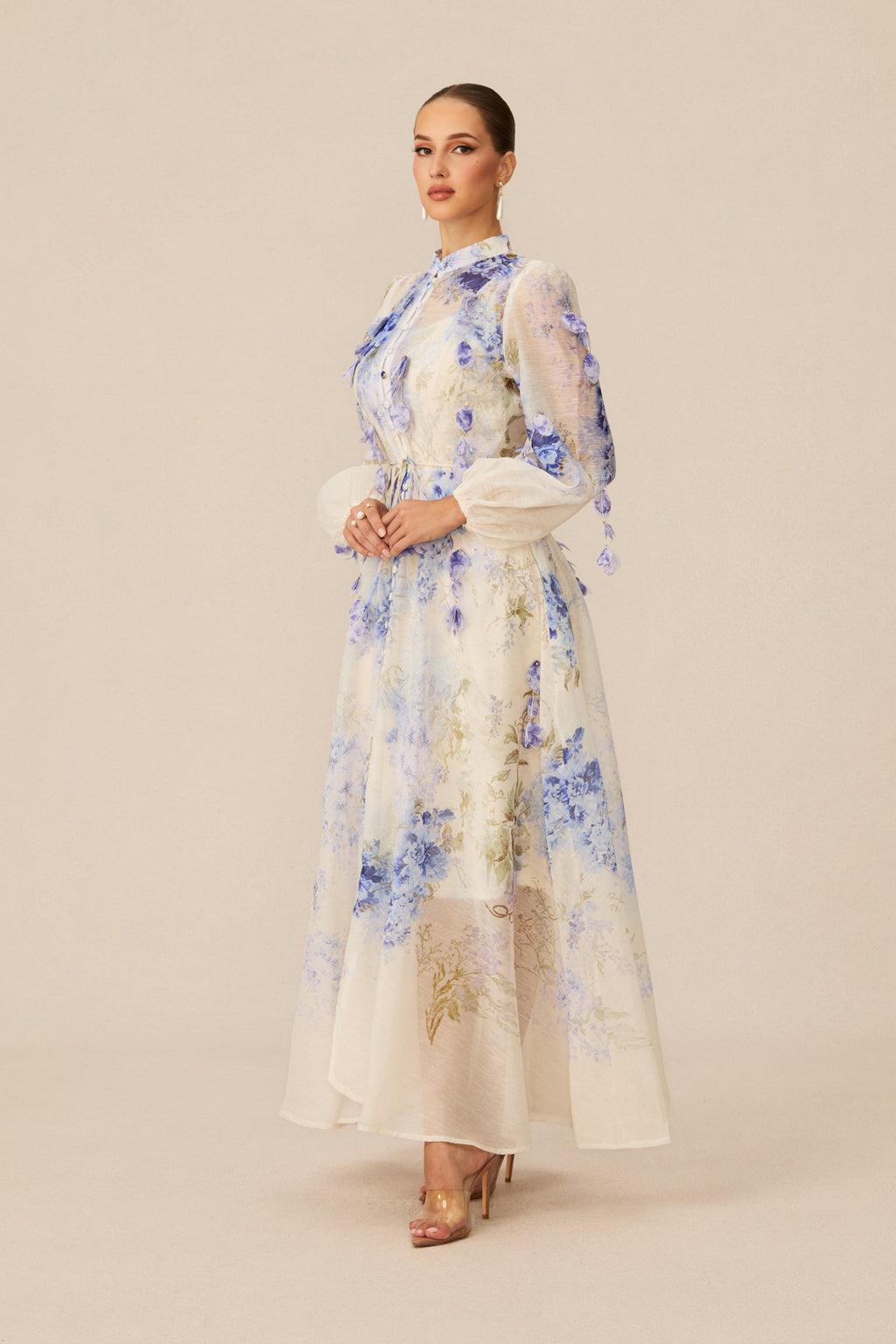 sandra Blue Floral Print puff sleeve Maxi Dress