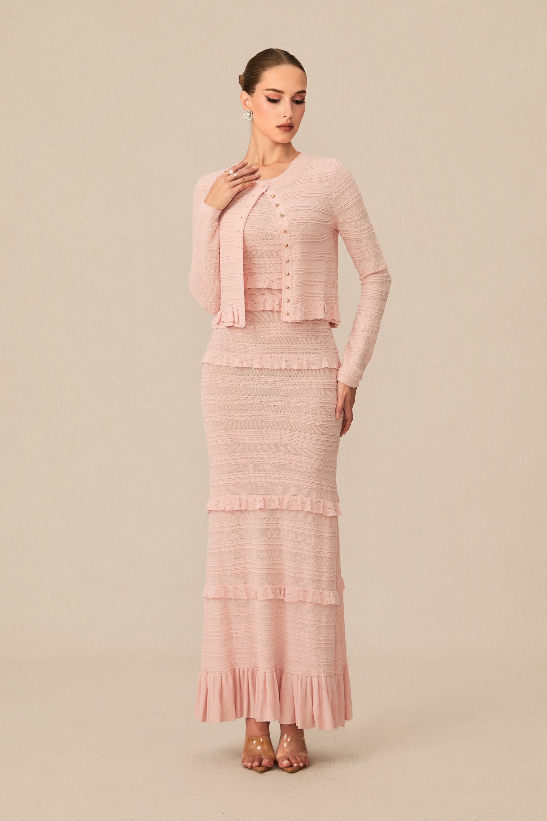mildred Pink Textured Knit Maxi Dress & Cardigan Set