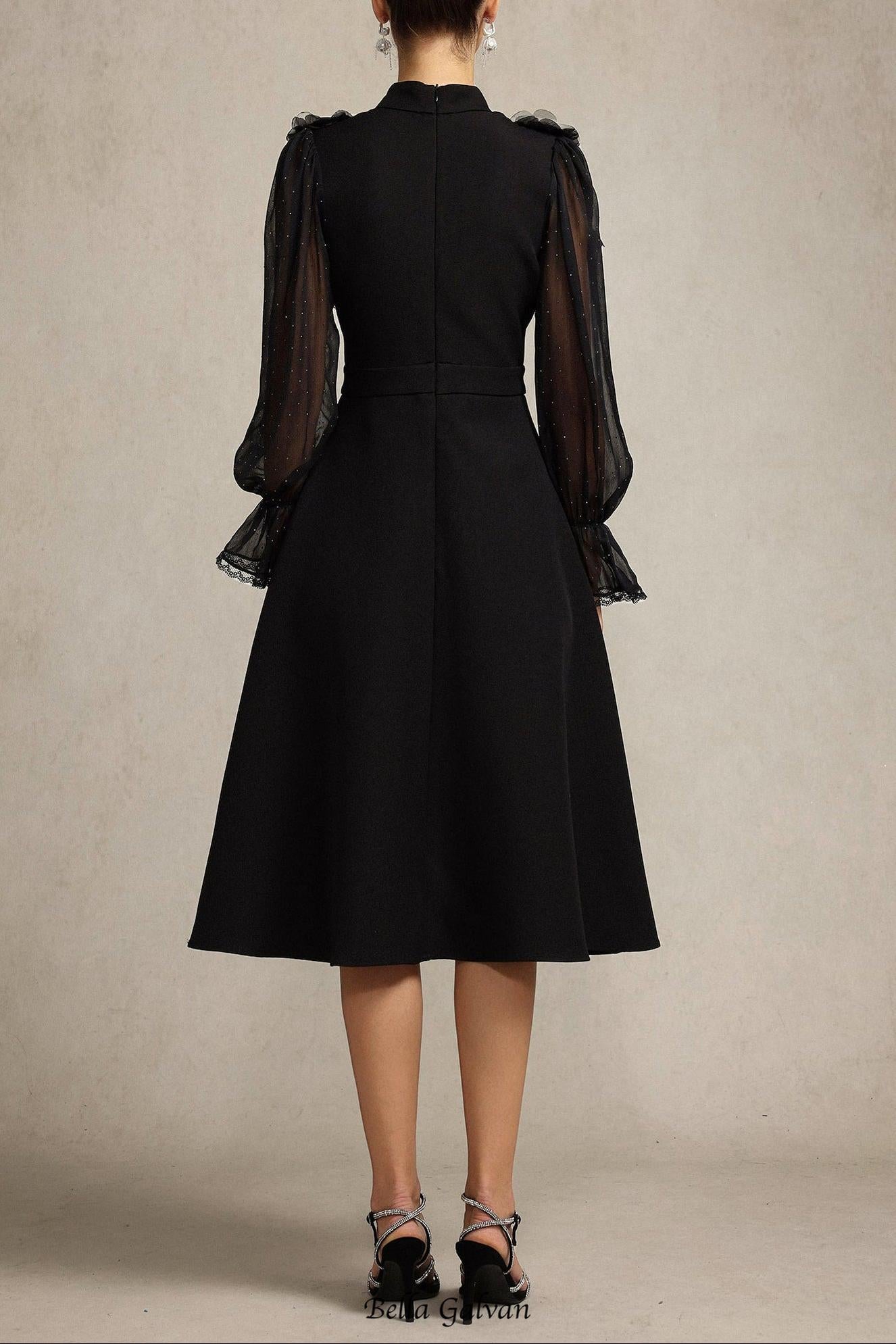 helen Long Sleeves Diamond Artificial Feather Black Top And Skirt Two-Piece Set
