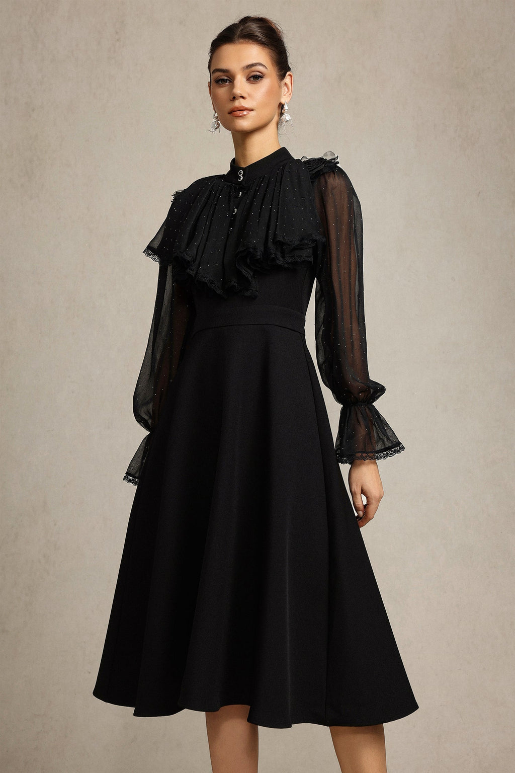 helen Long Sleeves Diamond Artificial Feather Black Top And Skirt Two-Piece Set