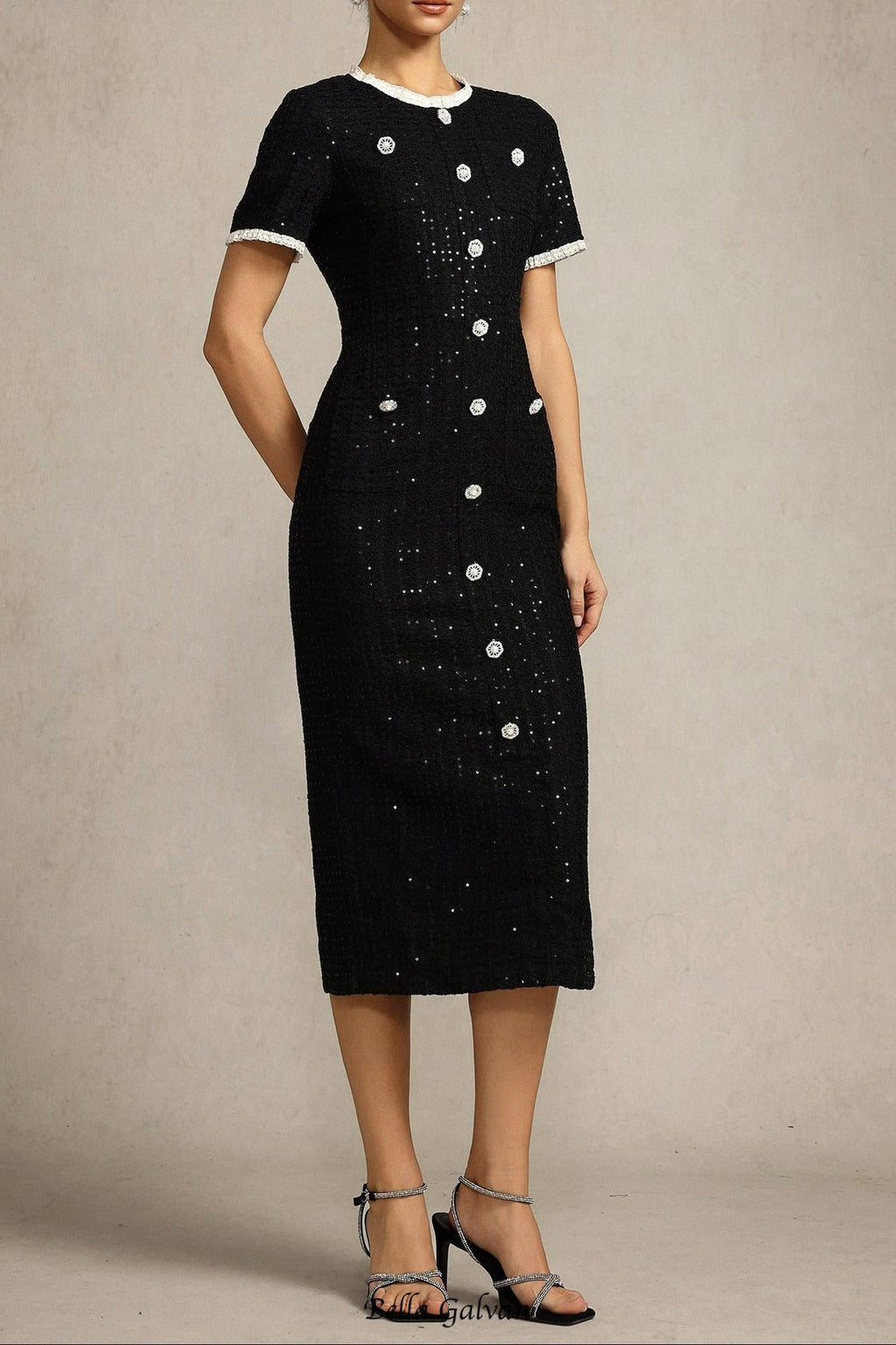 Round Neck Short Sleeves sequin Maxi Dress in black