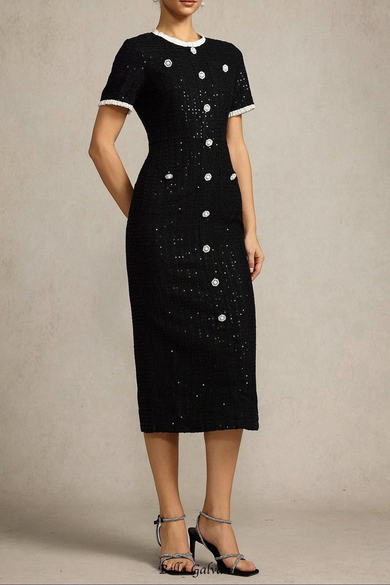 Round Neck Short Sleeves sequin Maxi Dress in black