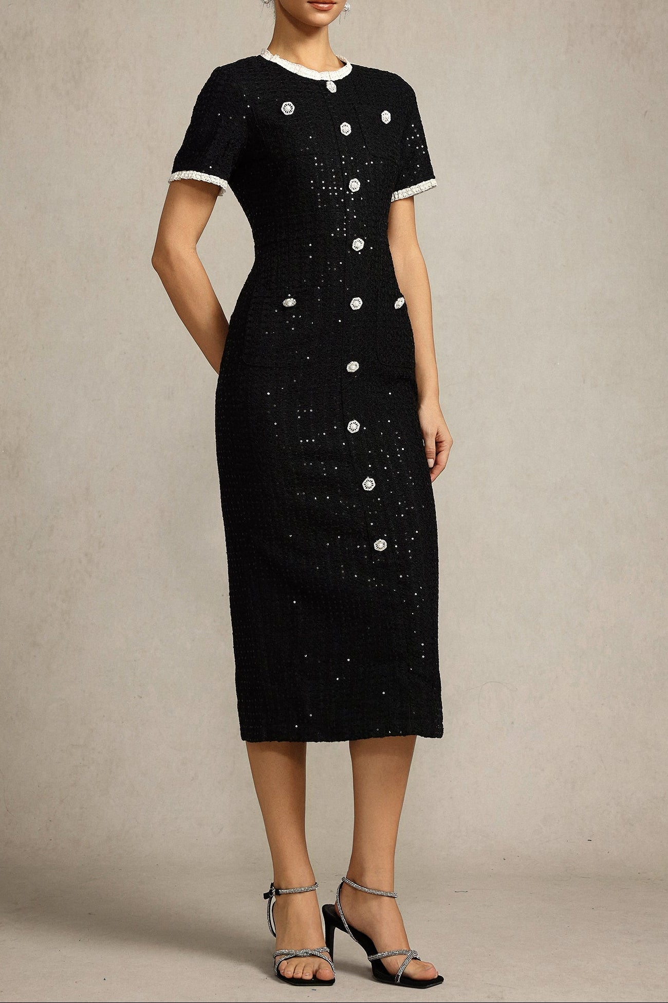 Flowering Girl Women Round Neck Short Sleeves Sequin Maxi Dress In Black