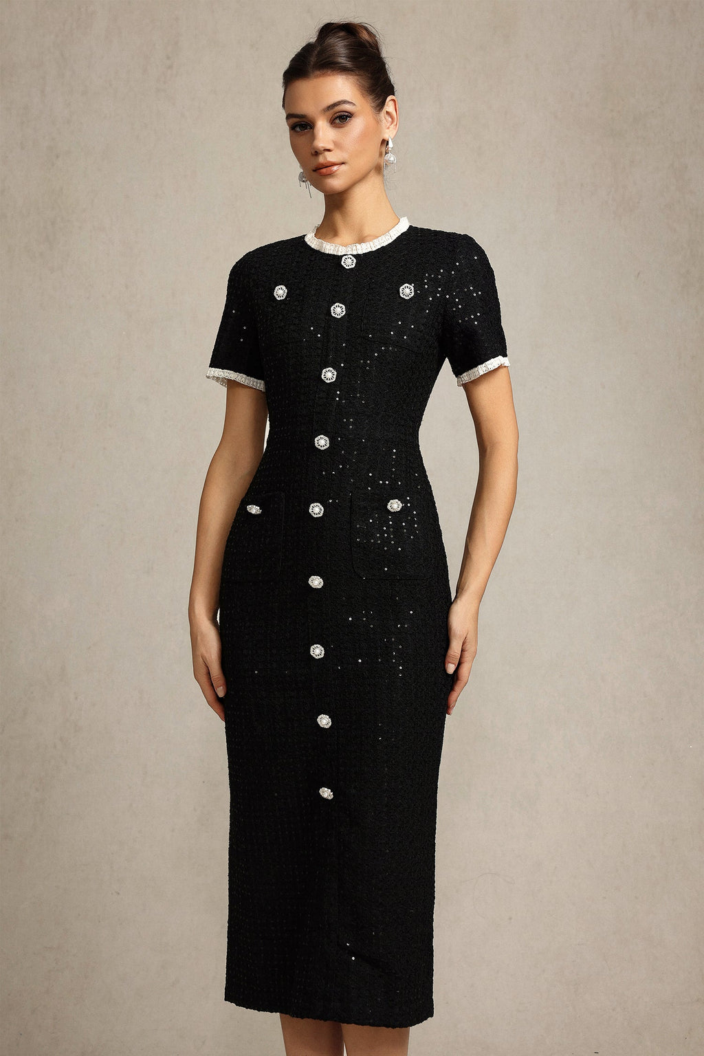 Round Neck Short Sleeves sequin Maxi Dress in black