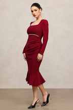 miriam Claret Square Collar Long Sleeves Fishtail Pearl Midi Dress