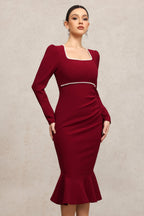 miriam Claret Square Collar Long Sleeves Fishtail Pearl Midi Dress