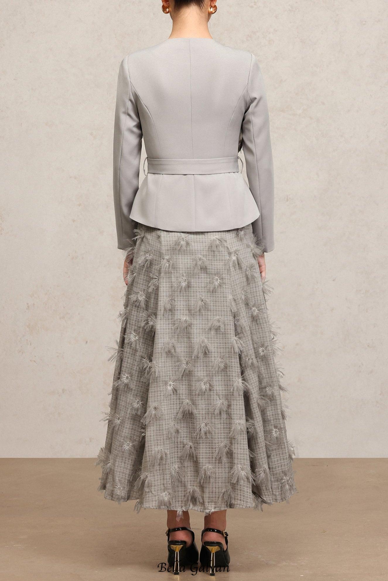 dominic grey Round Neck Long Sleeves Flower Top And Skirt Two-Piece Set