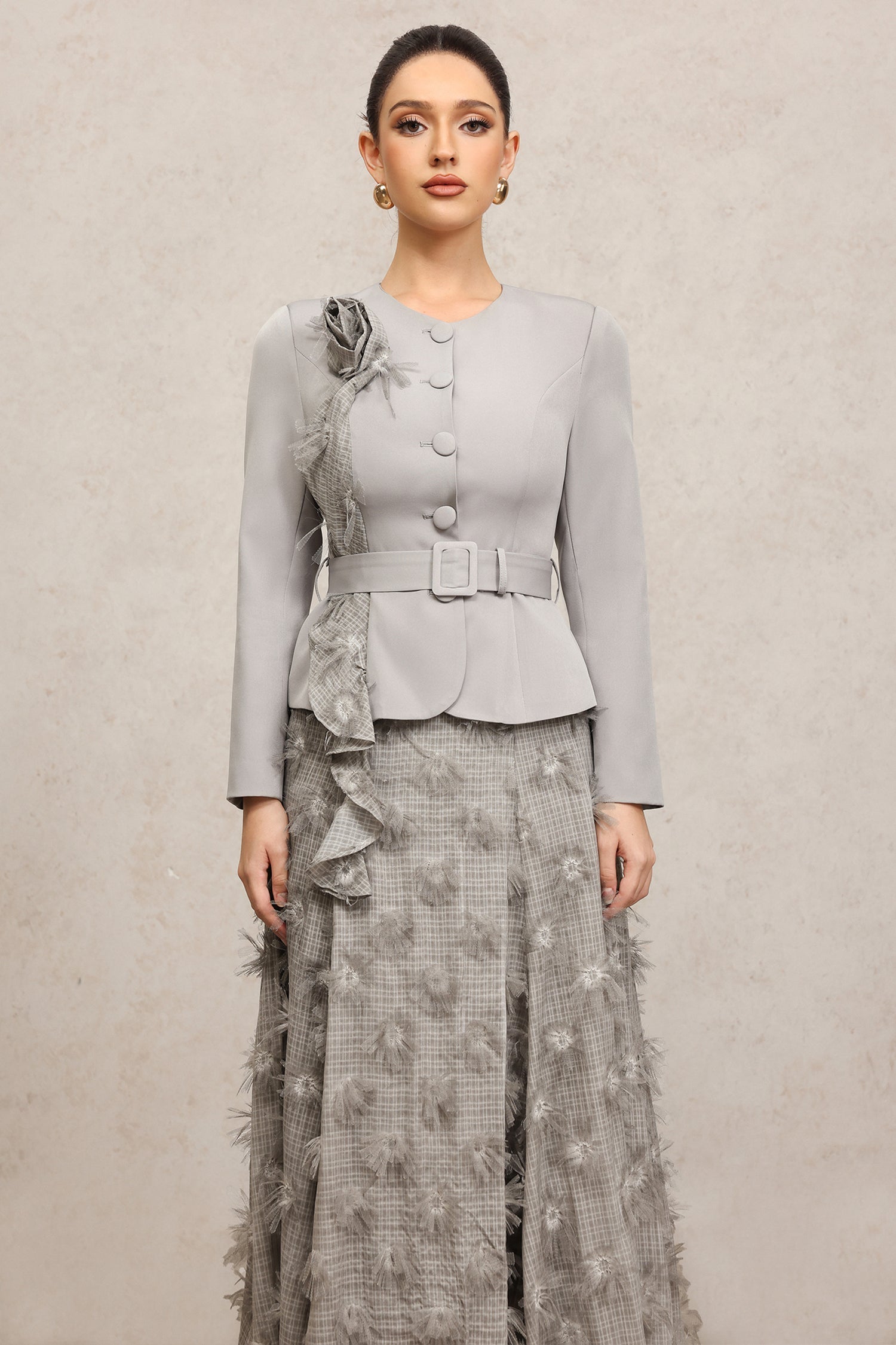 dominic grey Round Neck Long Sleeves Flower Top And Skirt Two-Piece Set