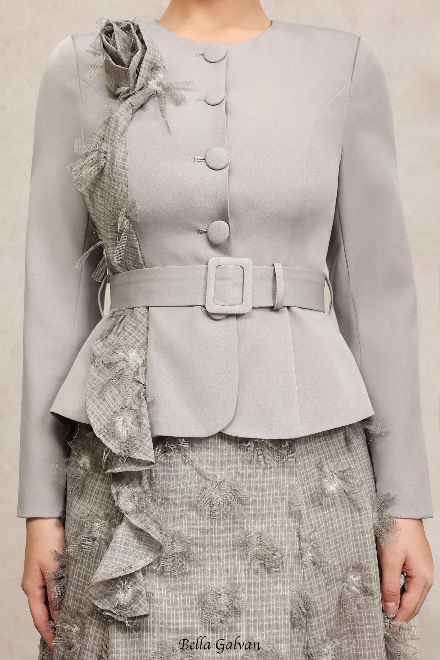dominic grey Round Neck Long Sleeves Flower Top And Skirt Two-Piece Set