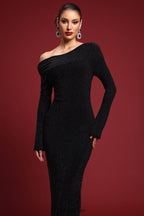 natividad Contour One Shoulder Crystal Maxi Dress in black