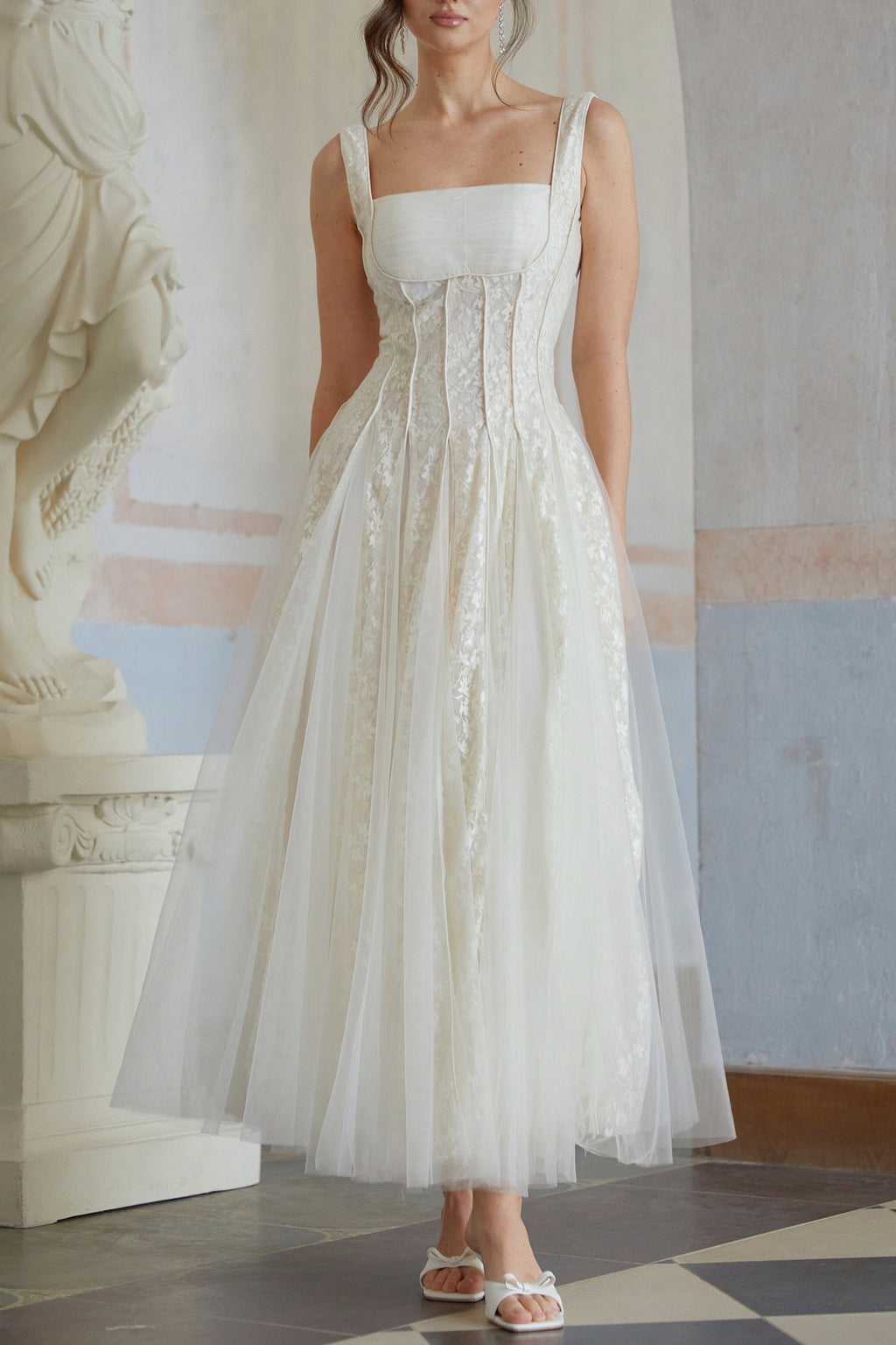 jessica Neutral Tulle Panel Lace Maxi Dress in white