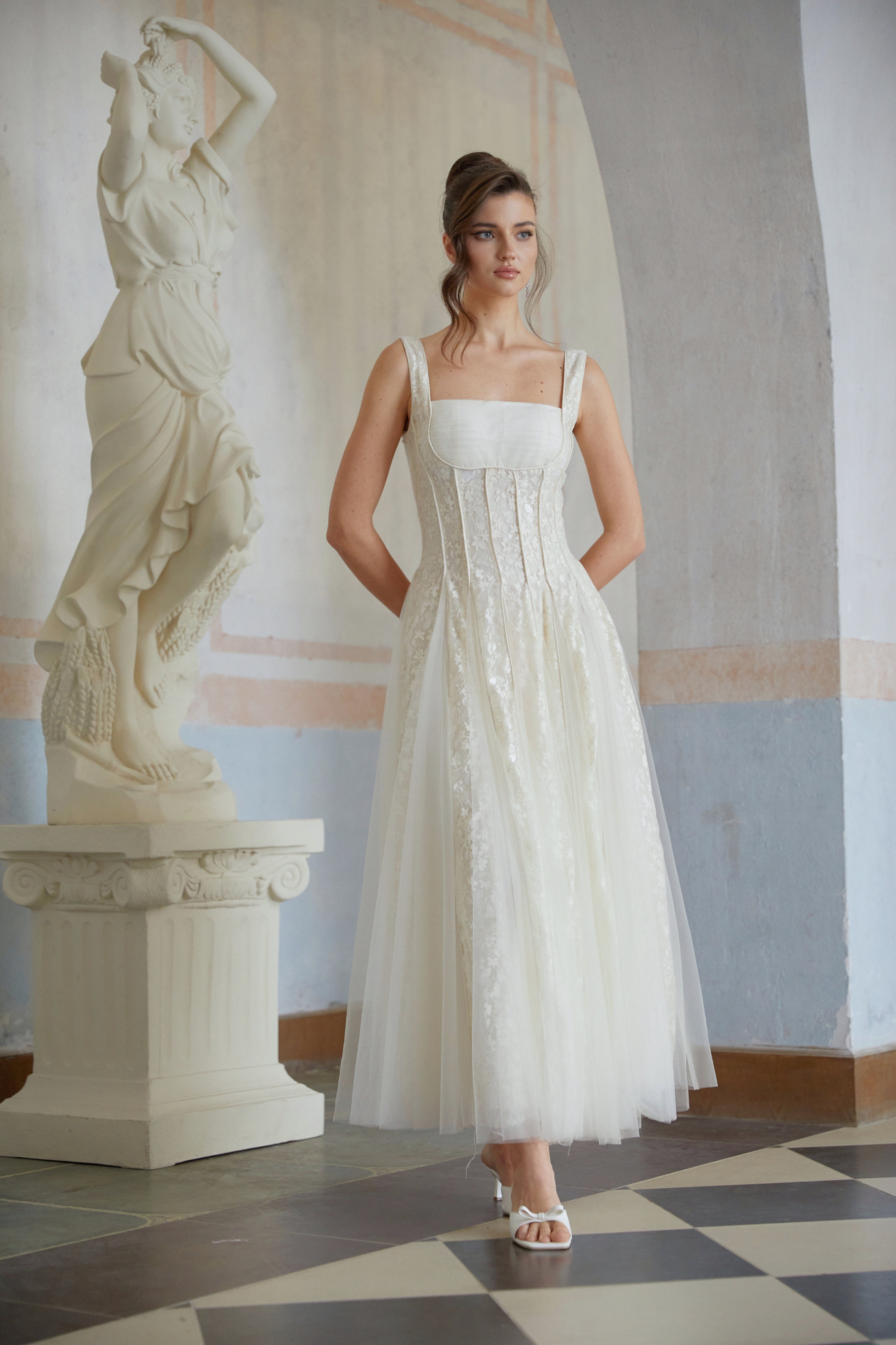 jessica Neutral Tulle Panel Lace Maxi Dress in white