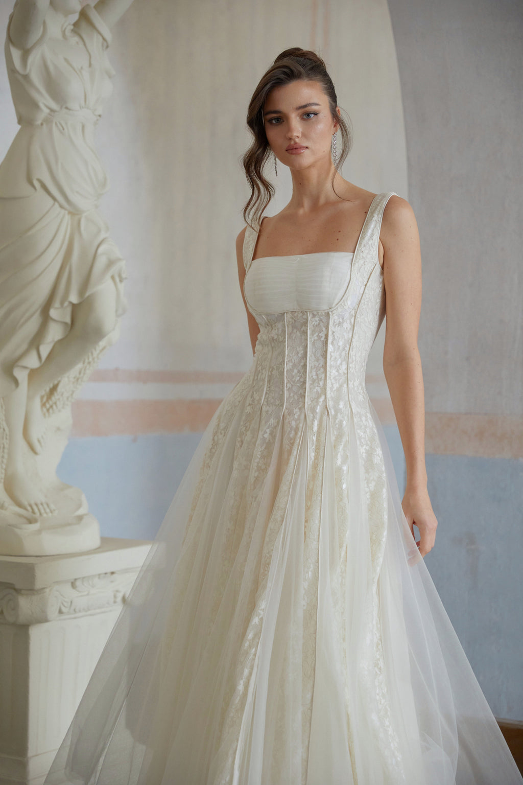 jessica Neutral Tulle Panel Lace Maxi Dress in white