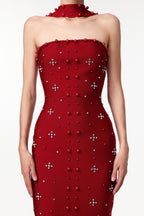 Nesya Sleeveless Pearl Wine Bandage Maxi Dress