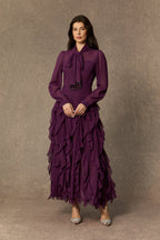 bonnie Purple Bow Neck Tiered Ruffle Maxi Dress