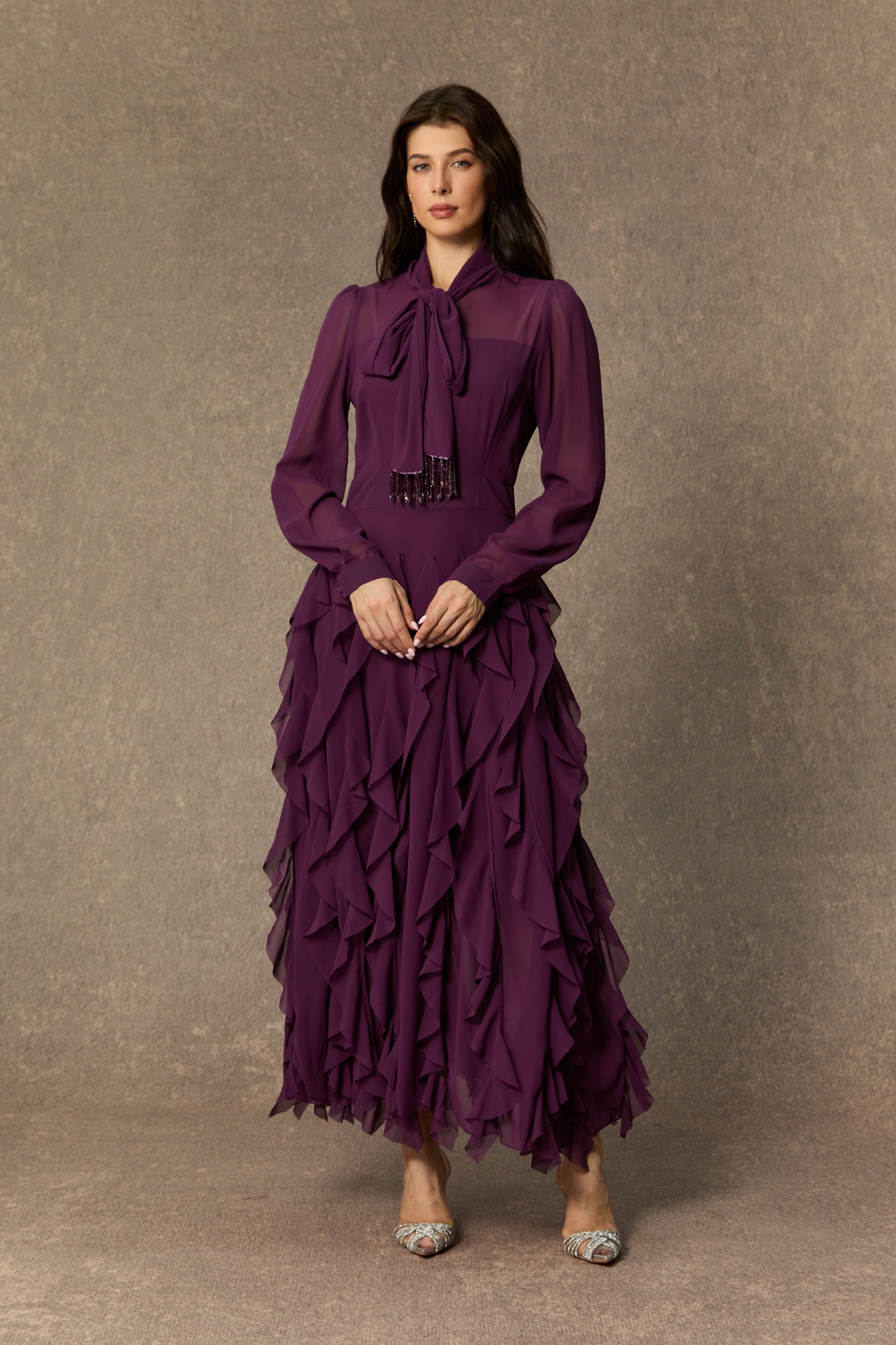bonnie Purple Bow Neck Tiered Ruffle Maxi Dress