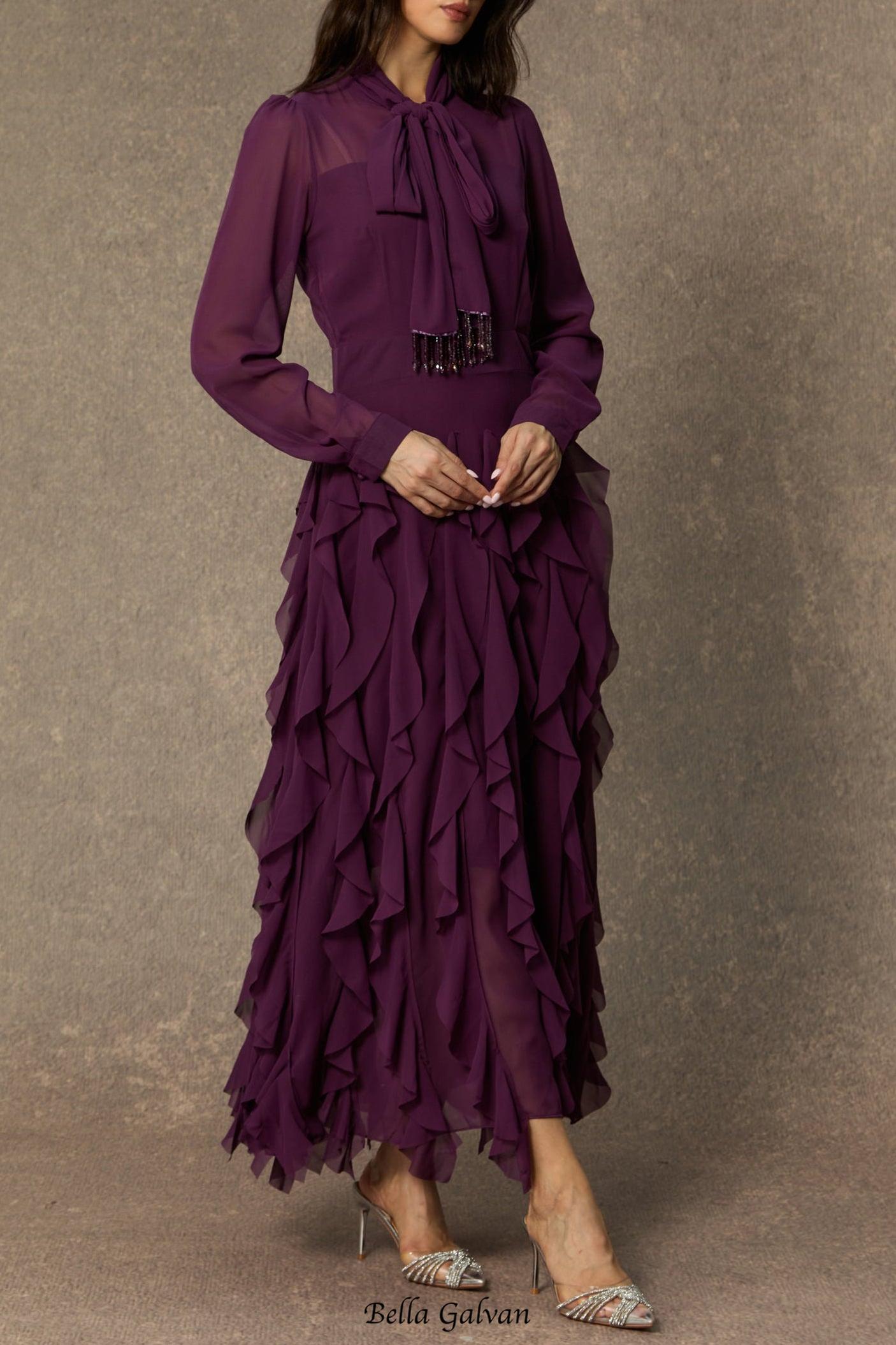 bonnie Purple Bow Neck Tiered Ruffle Maxi Dress