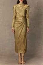 michelle Gold Floral Embellished Texture Midi Dress