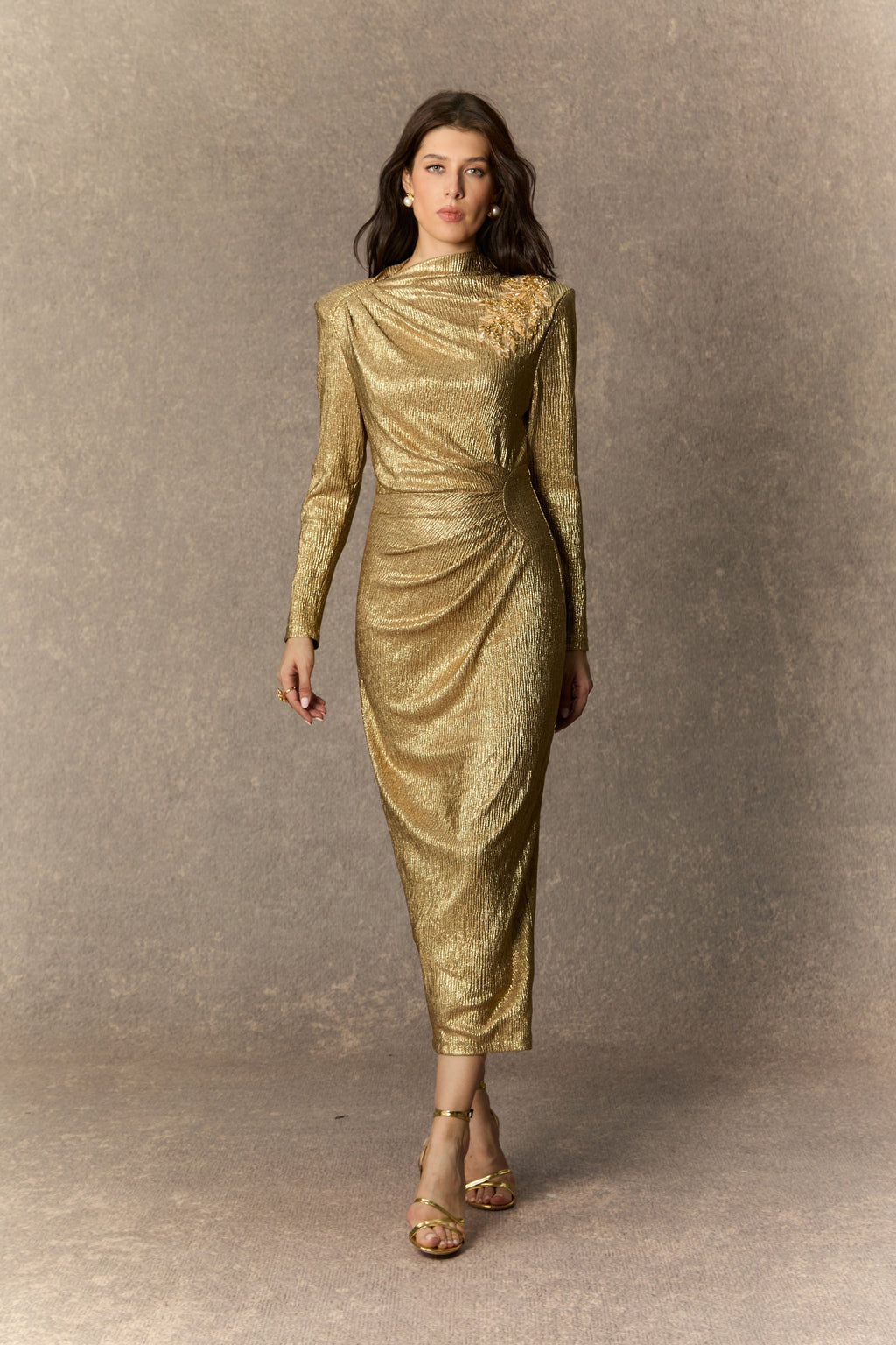 michelle Gold Floral Embellished Texture Midi Dress