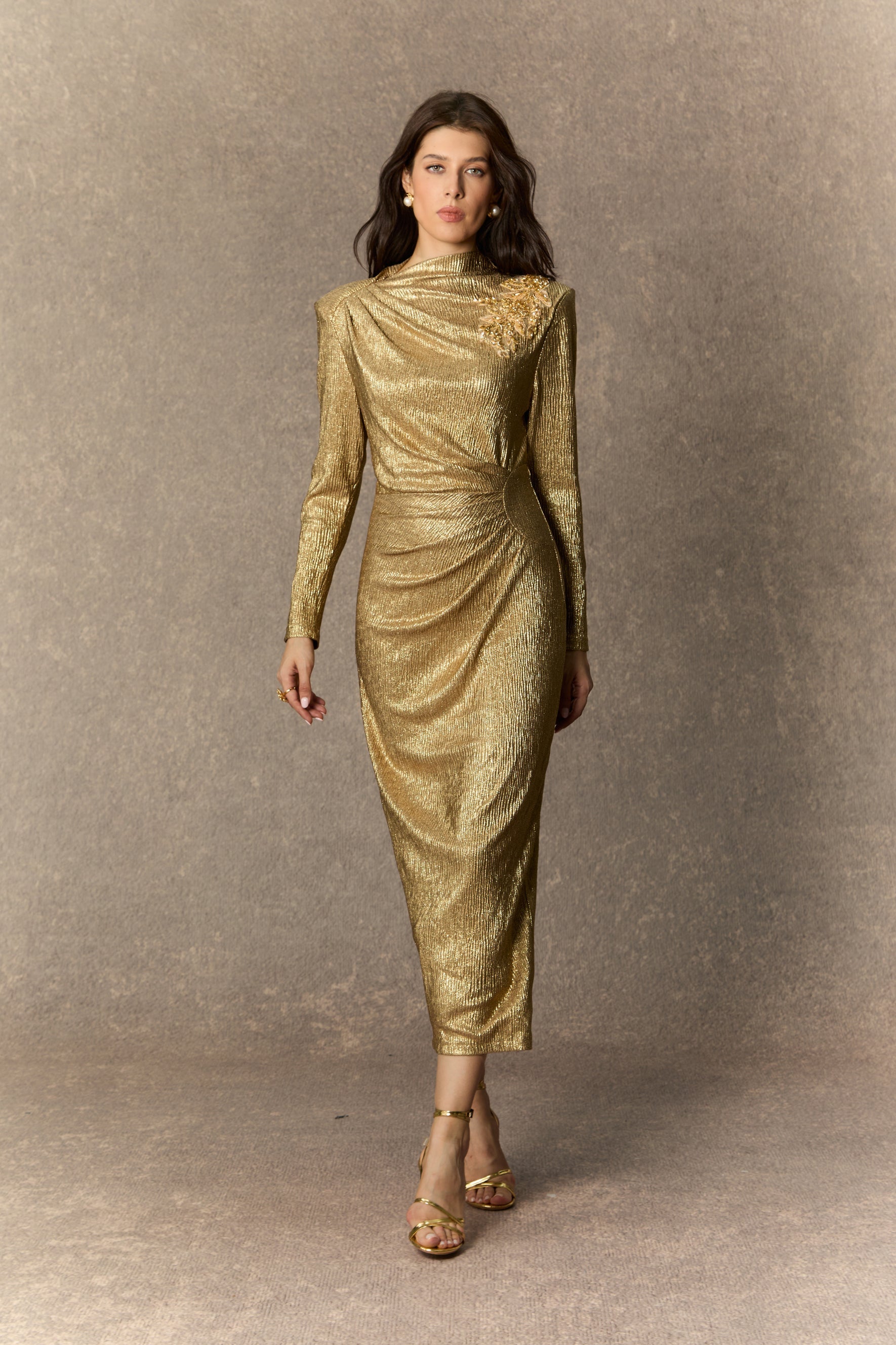 michelle Gold Floral Embellished Texture Midi Dress