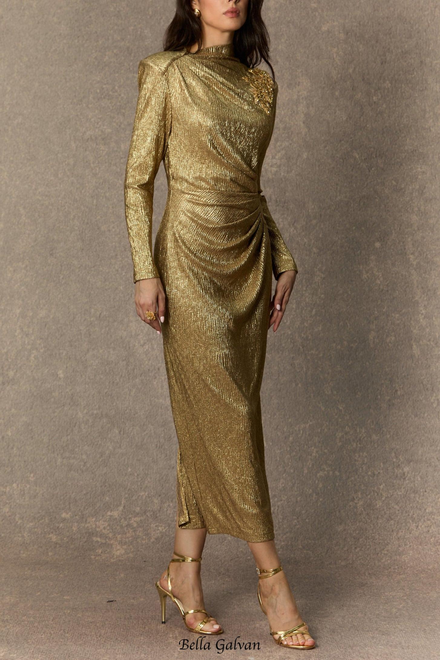 michelle Gold Floral Embellished Texture Midi Dress