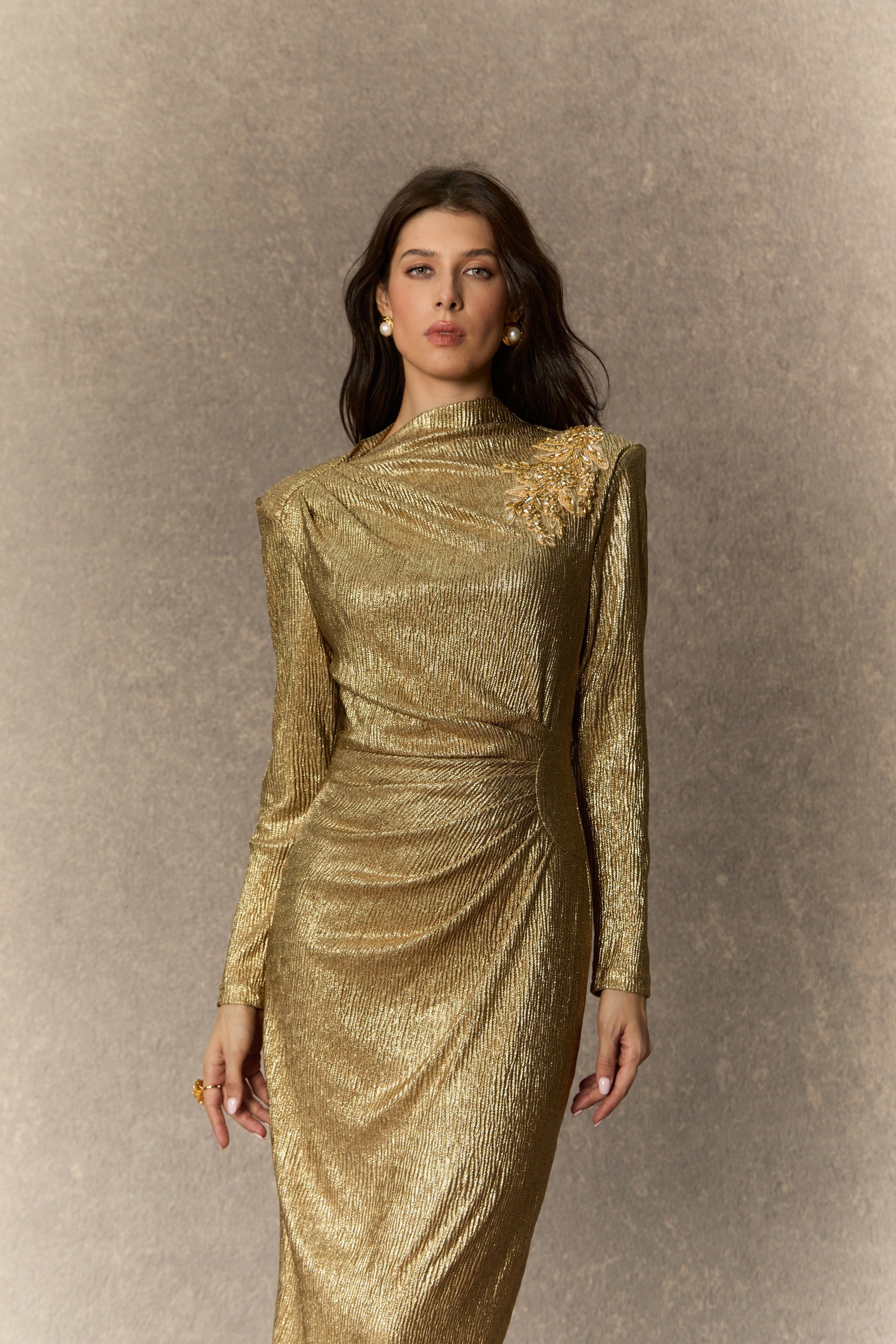 michelle Gold Floral Embellished Texture Midi Dress