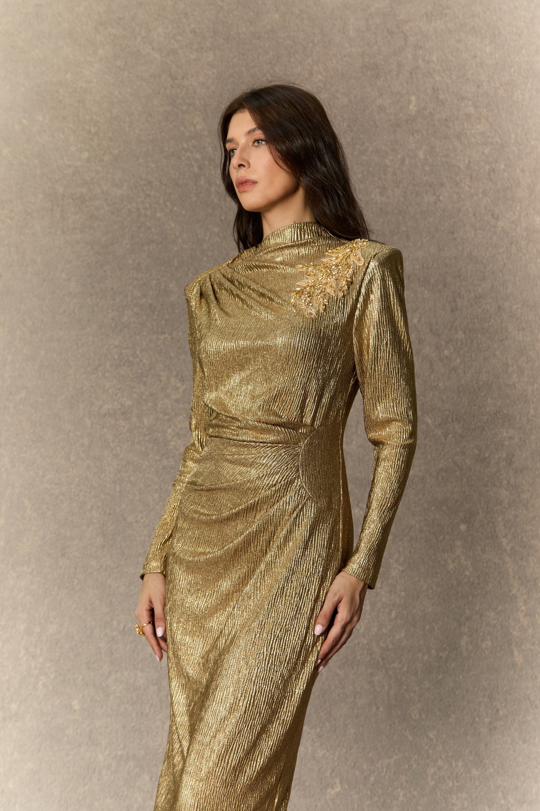 michelle Gold Floral Embellished Texture Midi Dress