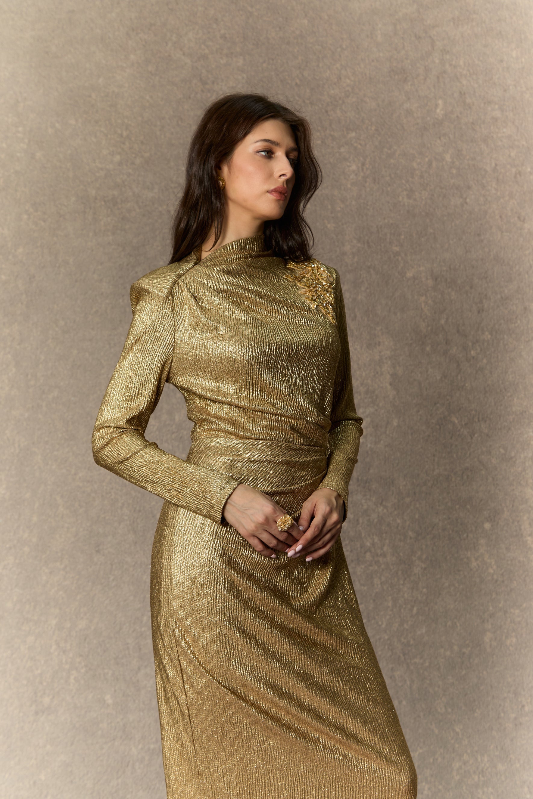 michelle Gold Floral Embellished Texture Midi Dress