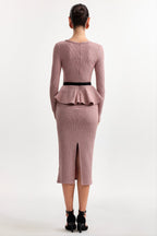 kitty U Neck Long Sleeve Falbala Knit Midi Dress in pink