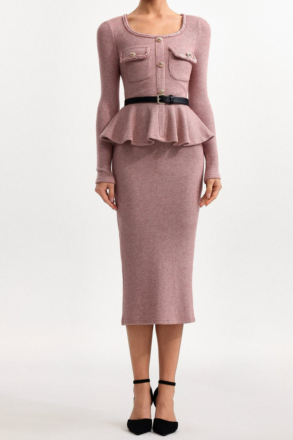 kitty U Neck Long Sleeve Falbala Knit Midi Dress in pink