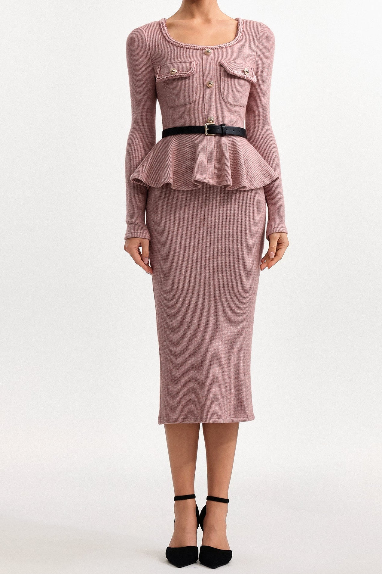 Kitty U Neck Long Sleeve Falbala Knit Midi Dress In Pink