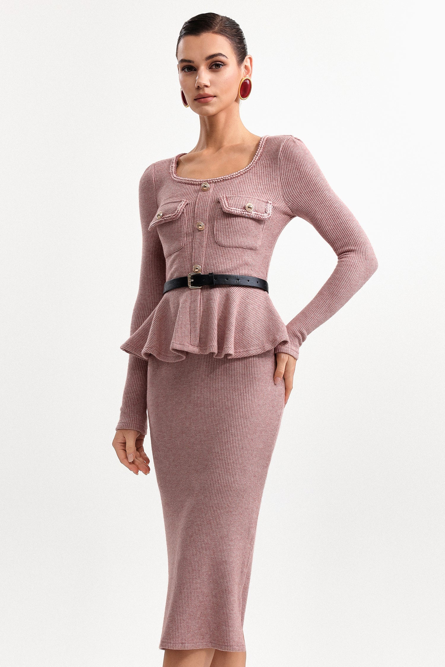 Kitty U Neck Long Sleeve Falbala Knit Midi Dress In Pink