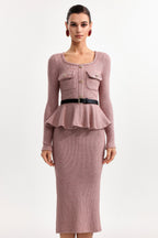 kitty U Neck Long Sleeve Falbala Knit Midi Dress in pink
